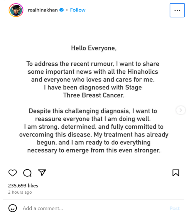 Hina khan instagram statement