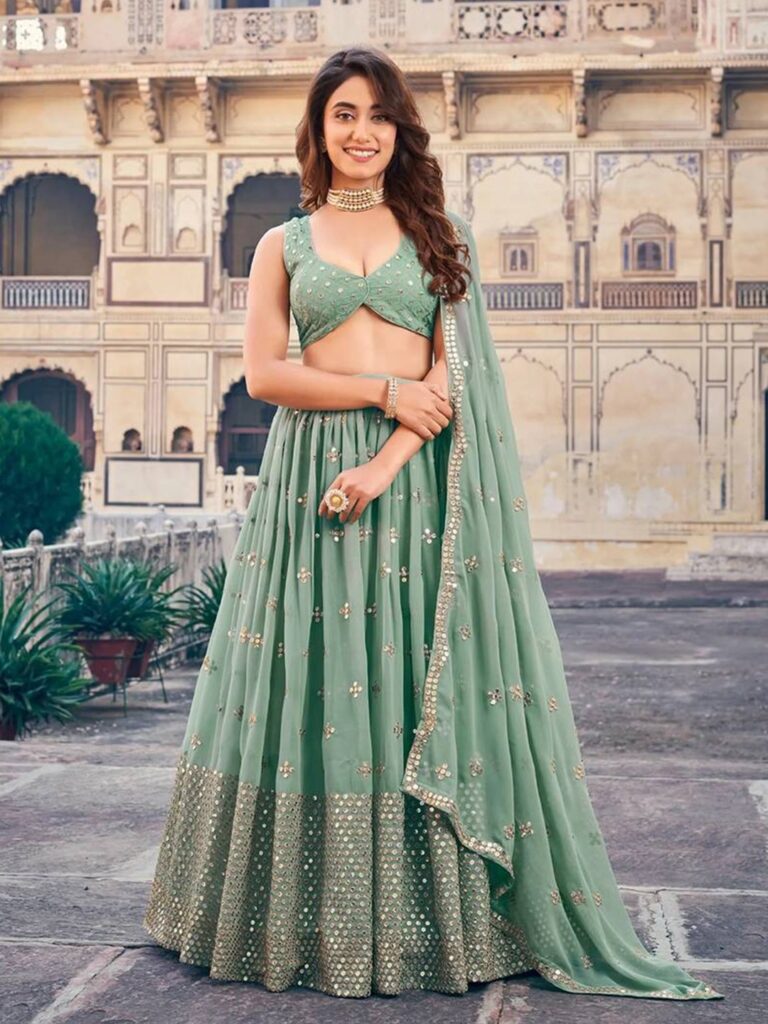 Embroidered Sequinned Semi-Stitched Lehenga & Unstitched Blouse With Dupatta